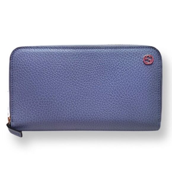 New Gucci Light Blue Pebbled Leather Interlocking GG Long Zippy Wallet - Picture 1 of 8